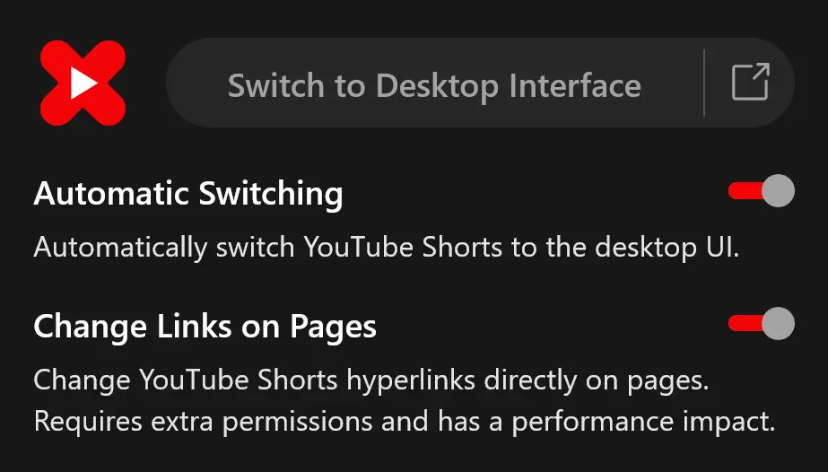 User interface of Shorts Deflector in dark mode