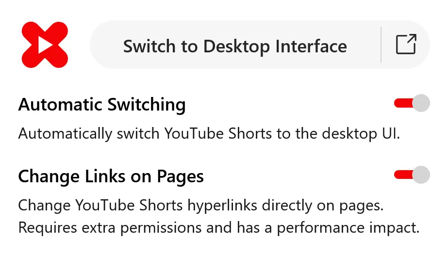 User interface of Shorts Deflector in light mode